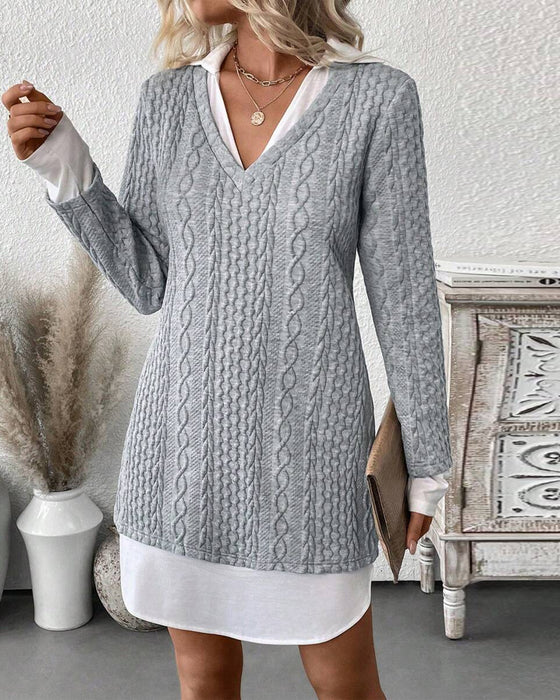 Shirt-Collar Fake Two-Piece Knit Dress