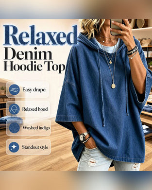 Hooded Drawstring Elbow-Length Sleeve Denim Hoodie