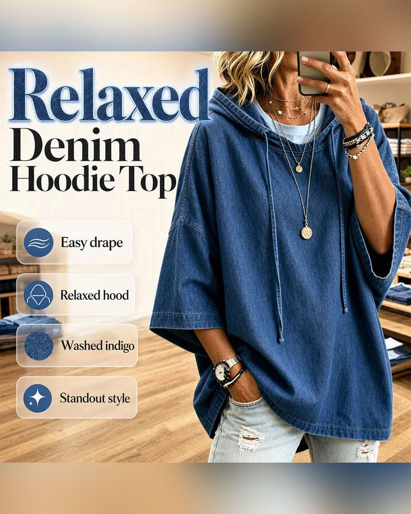 Hooded Drawstring Elbow-Length Sleeve Denim Hoodie