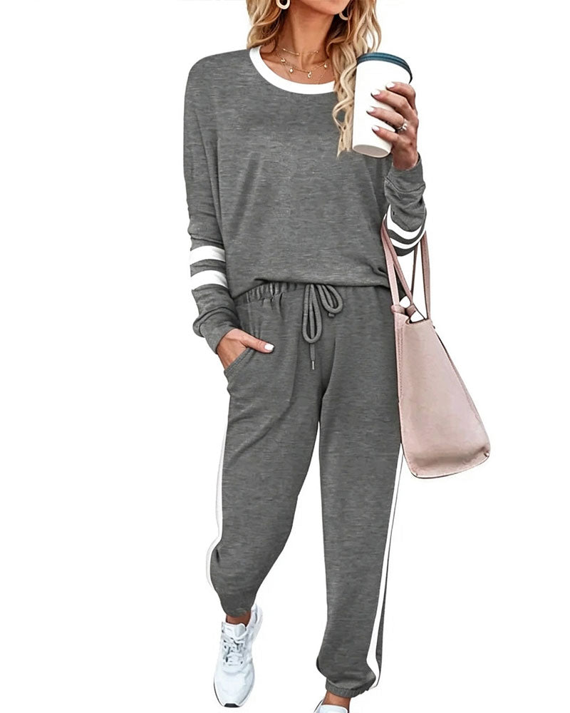 Round Neck Long Sleeve Top Jogger Pants Set