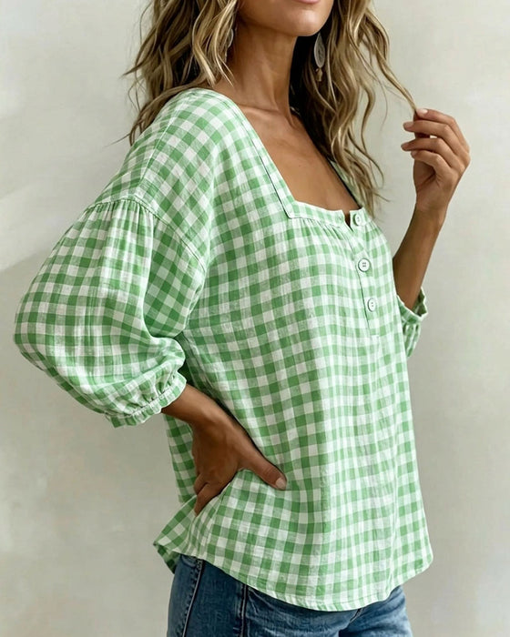 Square Neck Button-Up Plaid Blouse