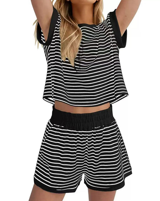 Striped Short-Sleeved Elastic Waist Sets