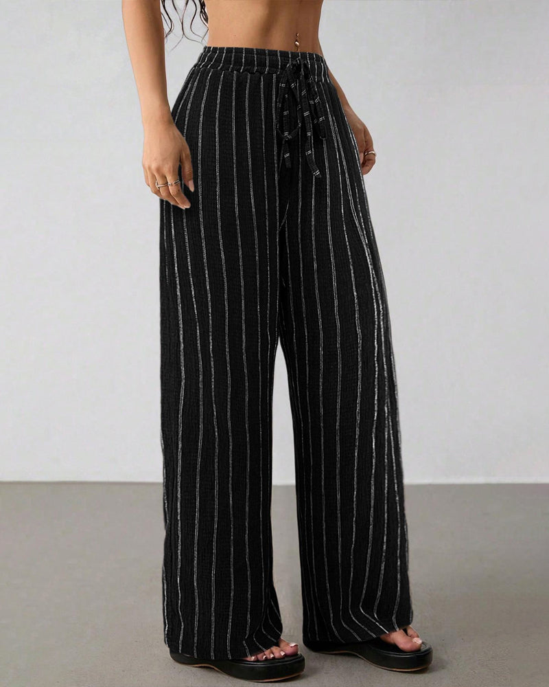 Striped Drawstring Casual Wide-Leg Pants
