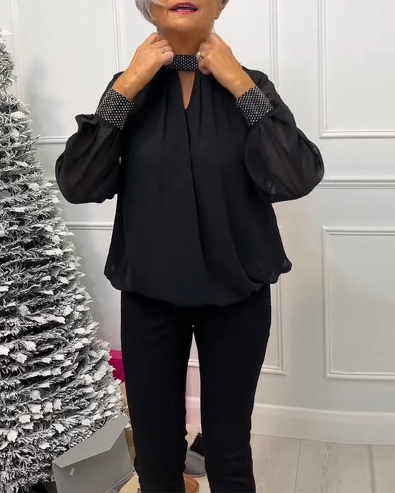 Fashion solid color stand collar patchwork hollow blouse