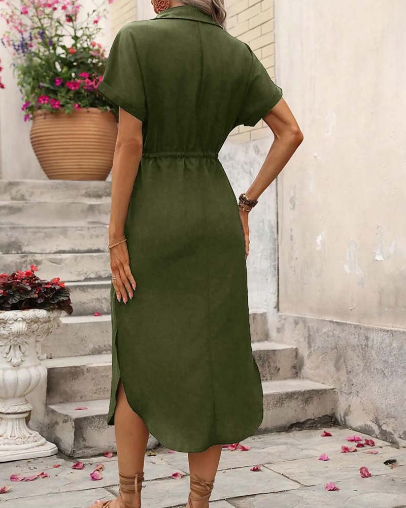 Lapel Waist-Cinching Shirt Dress