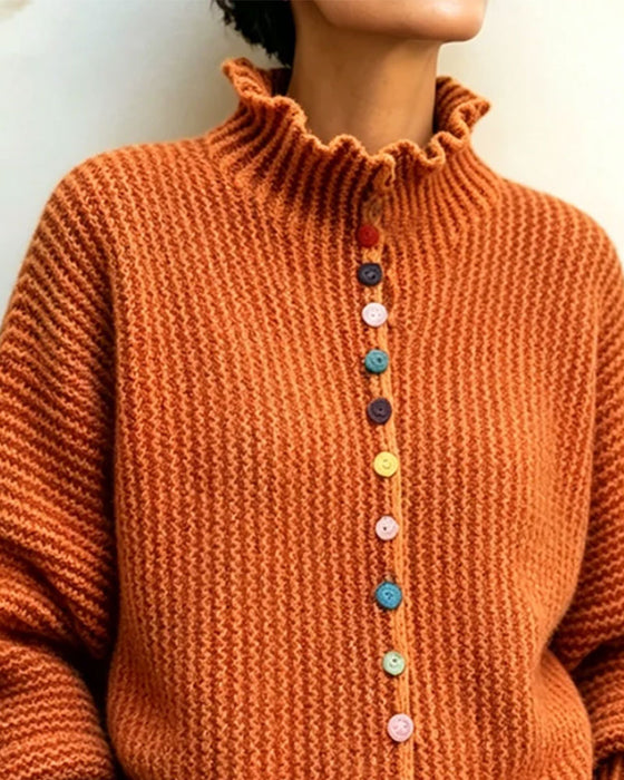Color Button Ruffle Trim Knit Pullover
