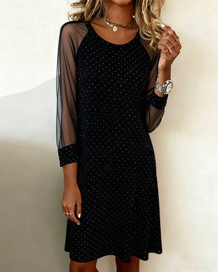 Round Neck Mesh Stitching Long Sleeve Dress