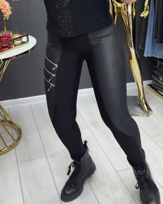PU Patchwork Zipper Embellished Legging