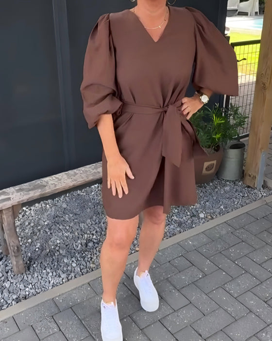 V-Neck Puff Sleeve Shift Dress