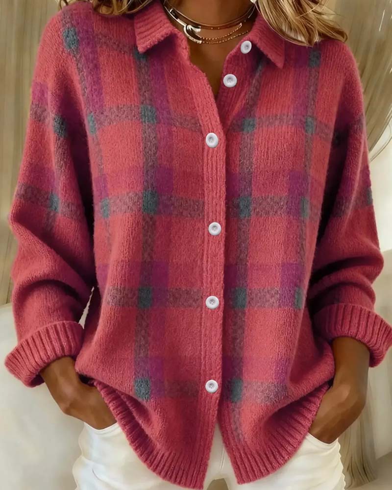 Plaid Shirt Collar Buttoned Cardigan