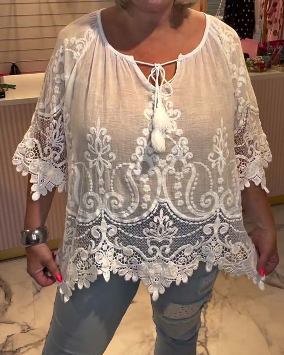 Lace-Up See-Through Lace Patchwork Blouse