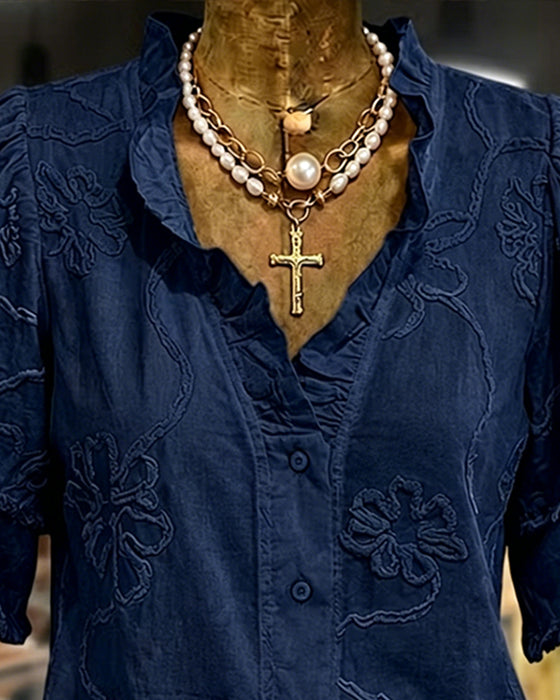 Fringed Hem Puff Sleeve Blouse