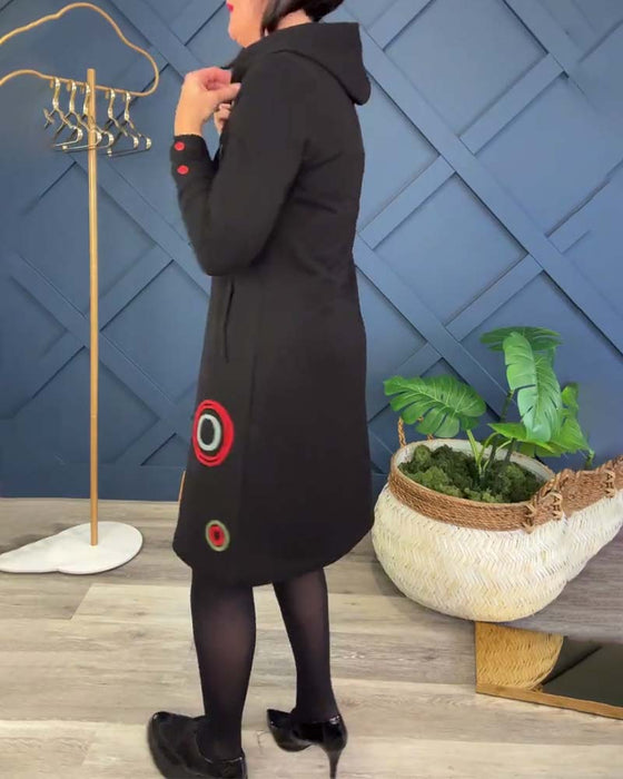 Circle print zip-up hooded casual dress