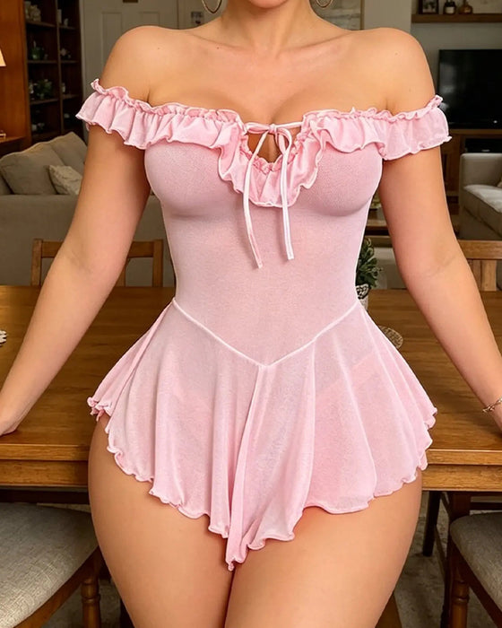 Off Shoulder Ruffle Lace Up Mesh Lingerie