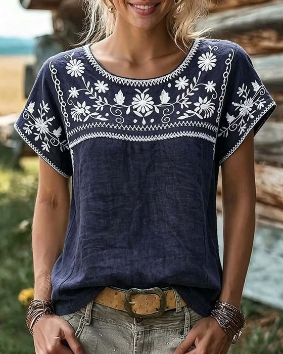Daisy Vine Crew Neck Loose Casual Blouse