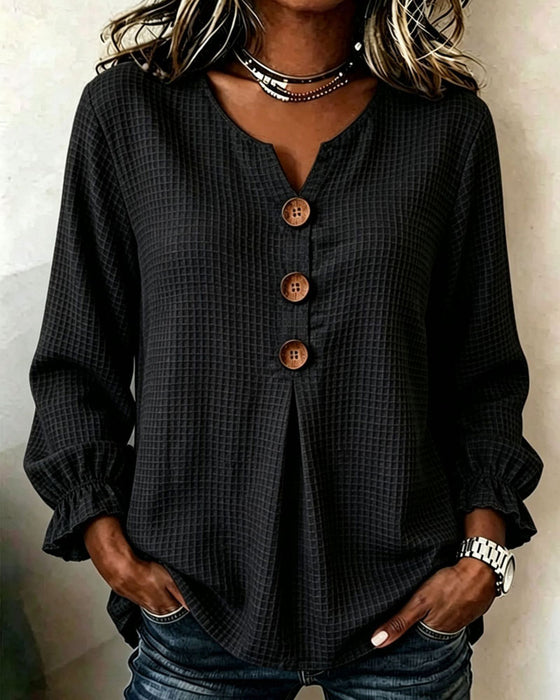 Three-Button Ruffle Sleeve Waffle Knit Long Sleeve Top