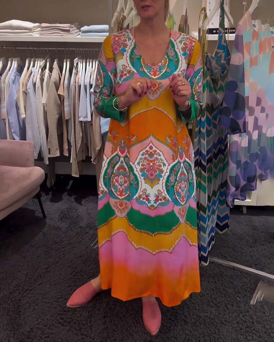 Printed V neck long sleeve dress