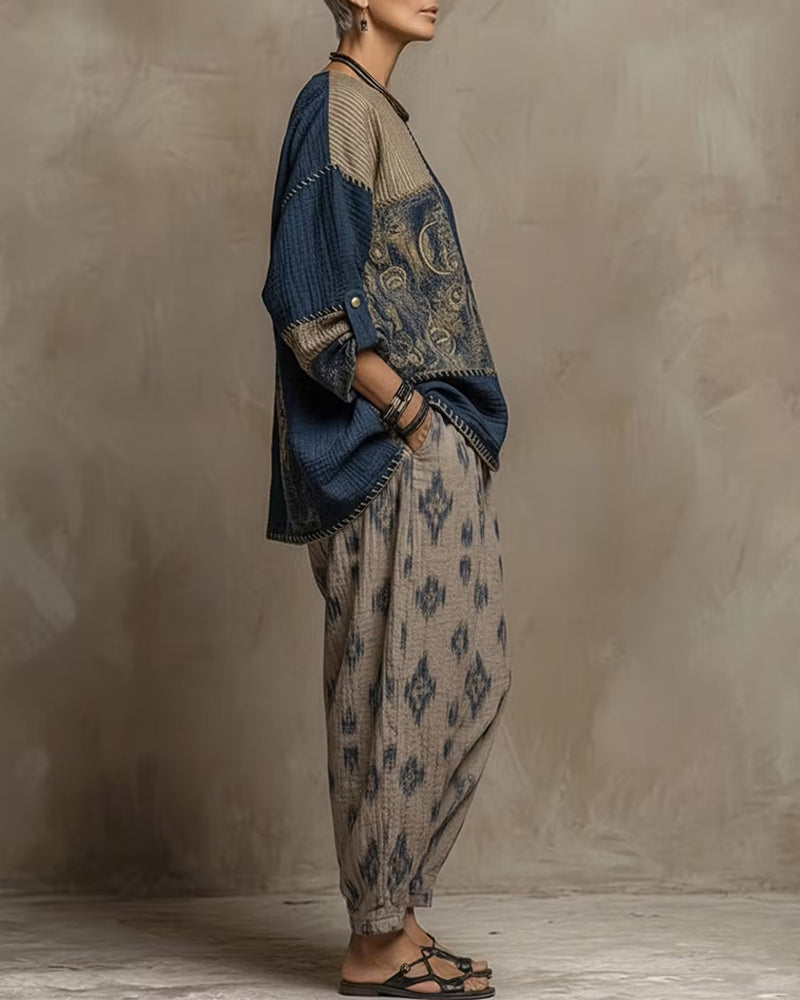 Crew Neck Vintage Patchwork Top + Pattern Tapered Pants Set