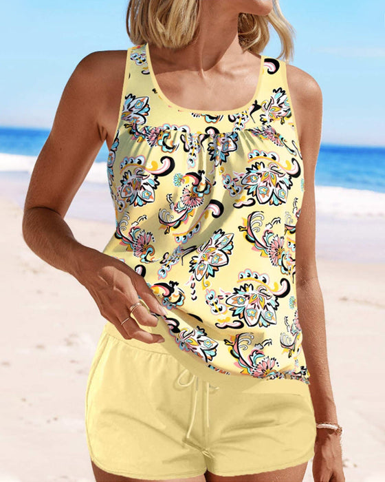 Sleeveless printed tankini swimsuit