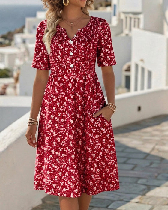 V-Neck Short-Sleeved Floral Dress