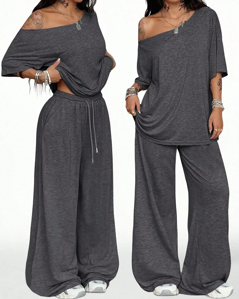 Oblique Neck Drawstring Waist Wide Leg Pants Set