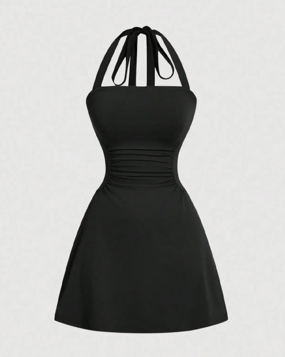 Halterneck Bandage Waist Shirred Dress