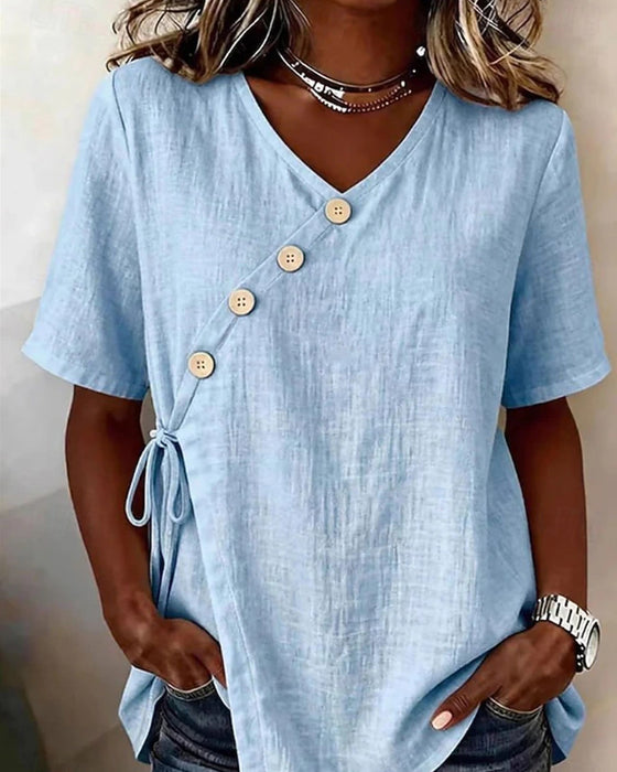 V-Neck Button Cross Tie Blouse