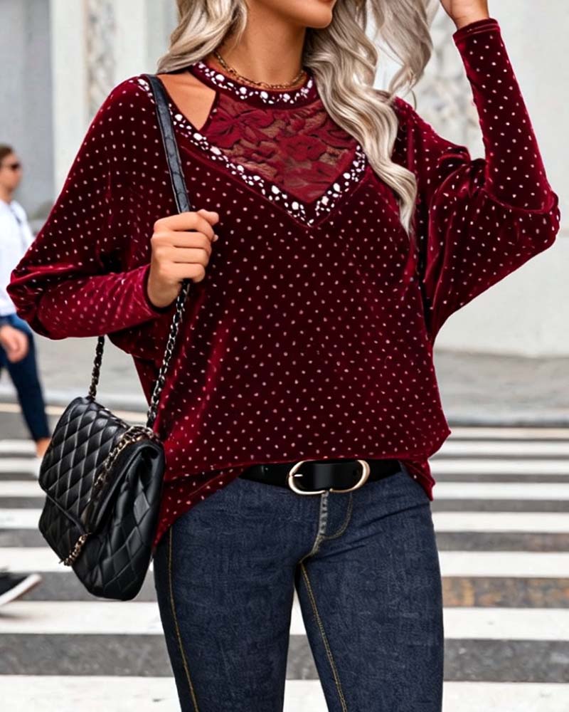 Hollow-Out Patchwork Round-Neck Blouse