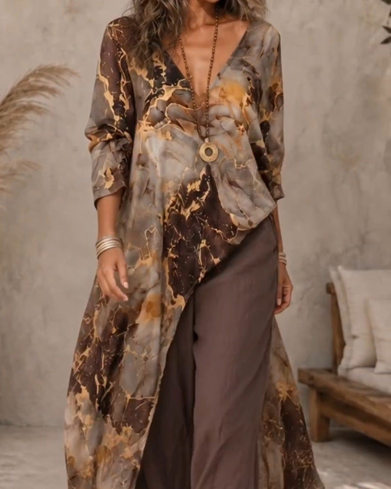 V-Neck Long Sleeve Irregular Blouse