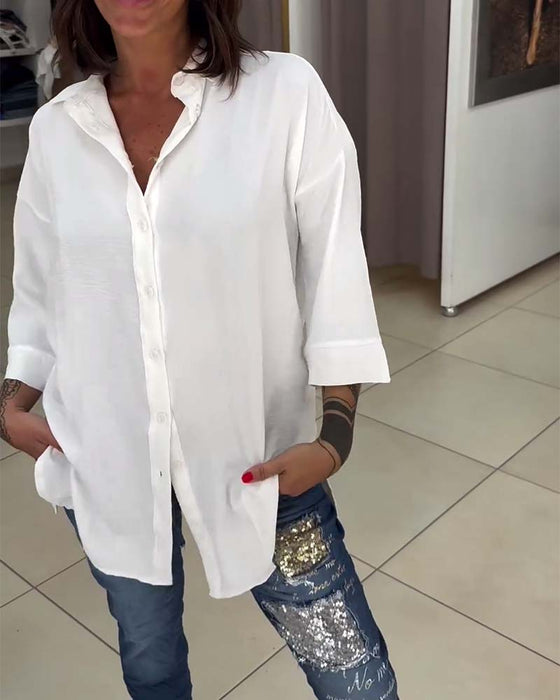 Lapel solid color button-down shirt