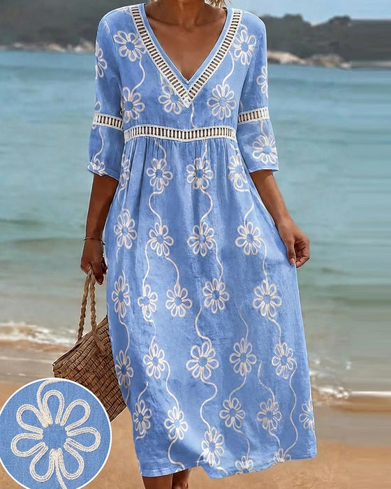 V-Neck Cut-Out Patchwork Floral Loose Dresses
