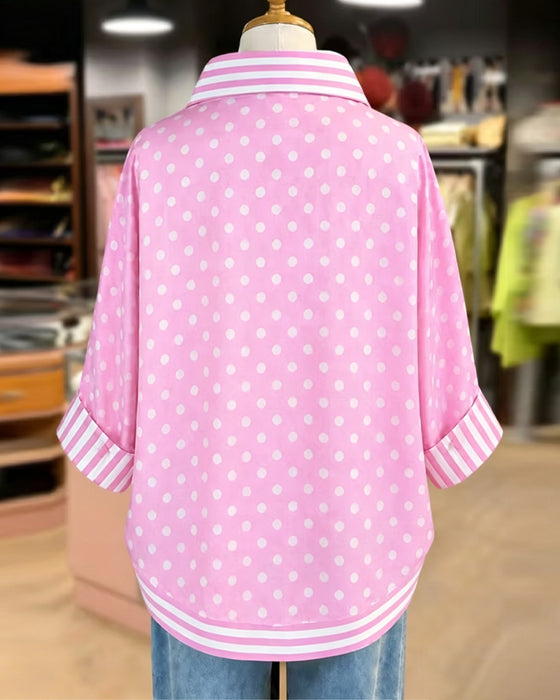 Lapel Half Placket Pink Patchwork Shirt