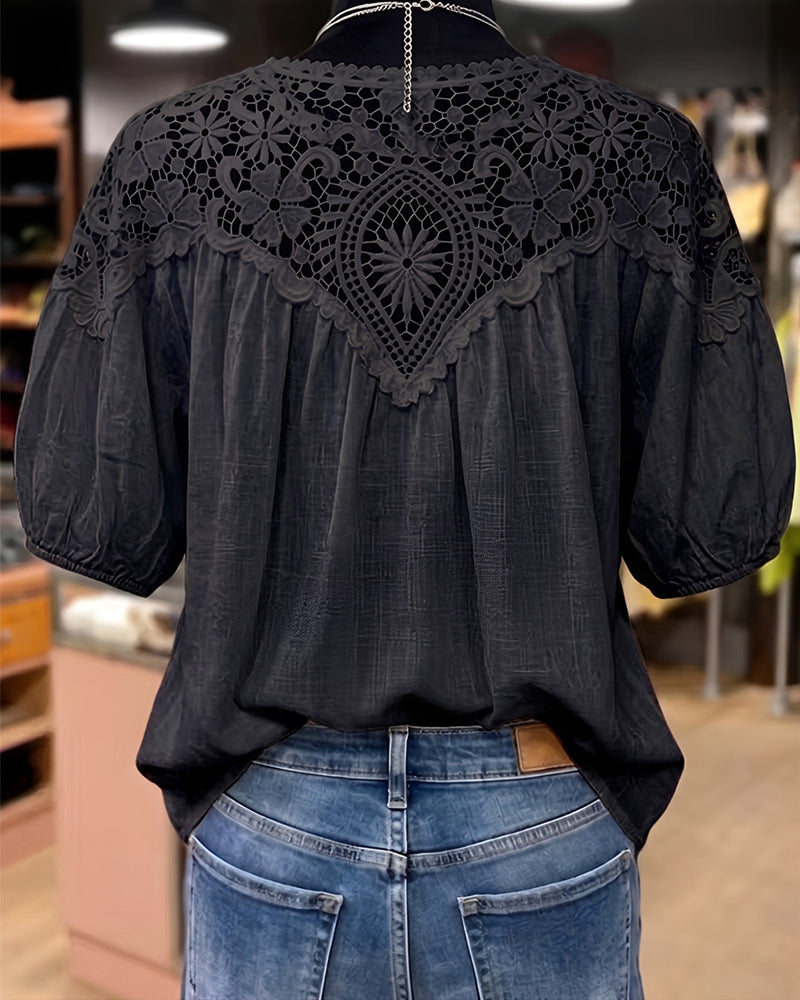 Puff Short Sleeve Lace Patchwork V-Neck Blouse