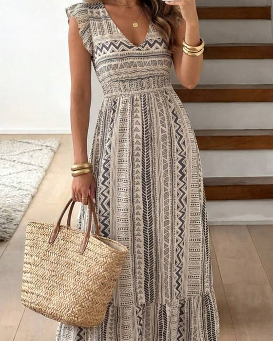 Geometric Print Waist-Cinching Flutter Sleeve Maxi Dress