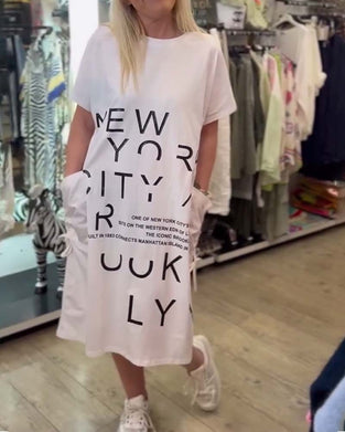 Loose Short Sleeve Printed Big Pocket Dress