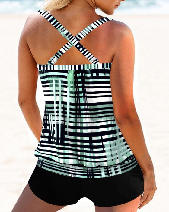 Conservative striped tankini swimsuit