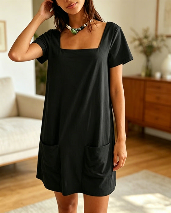 Square Neck Short-Sleeved Pocket Dress