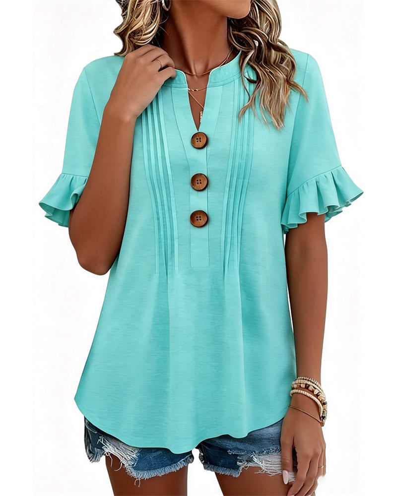 Solid Color Ruffled Short-Sleeved Blouse