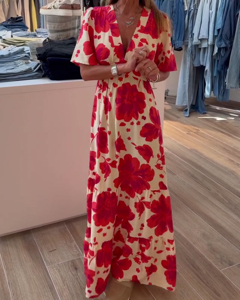 Deep V Resort Waist Printed Dress