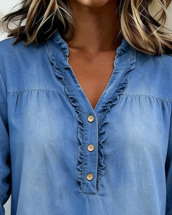 Ruffle V-Neck Denim Dress
