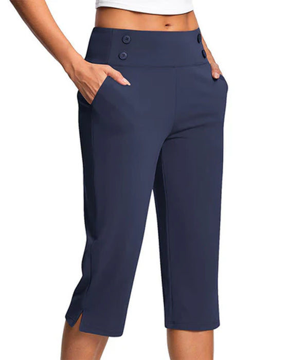 Button Waist-Cinched Slim Casual Pants