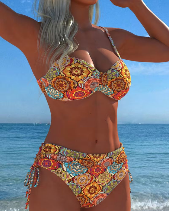 Lace Up Hoop Print Bikini