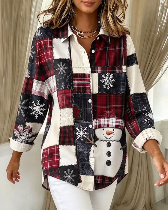 Lapel Button Plaid Christmas Style Shirt