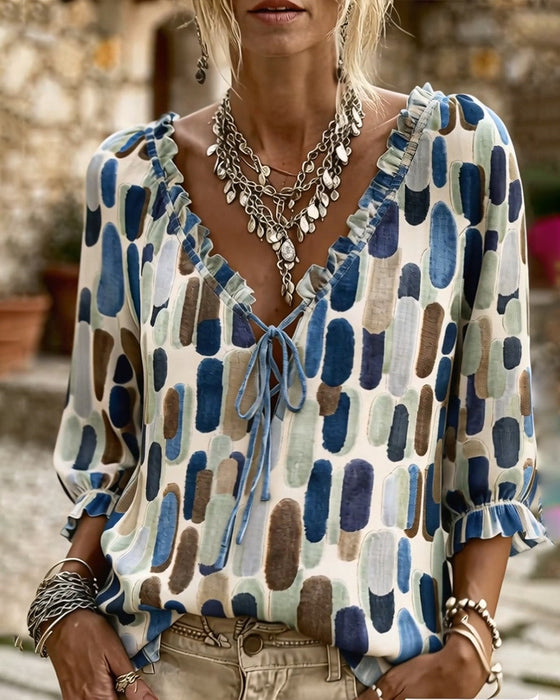 Color-Block Ruffle Tie V-Neck Blouse
