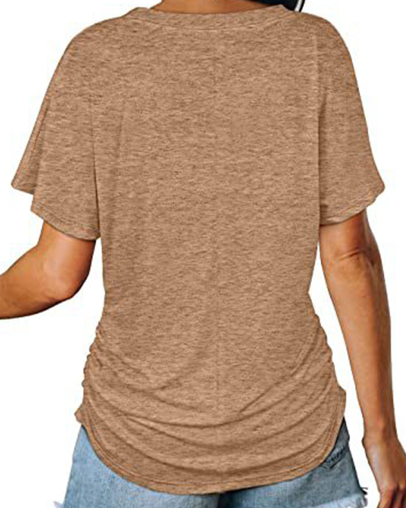 Pleated Solid Color V-Neck T-Shirt