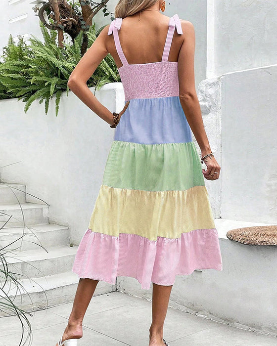 Contrast color patchwork suspender dress