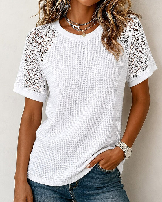Crewneck Waffle Lace Patchwork T-Shirts
