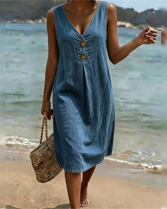 Denim V-Neck Sleeveless Dress