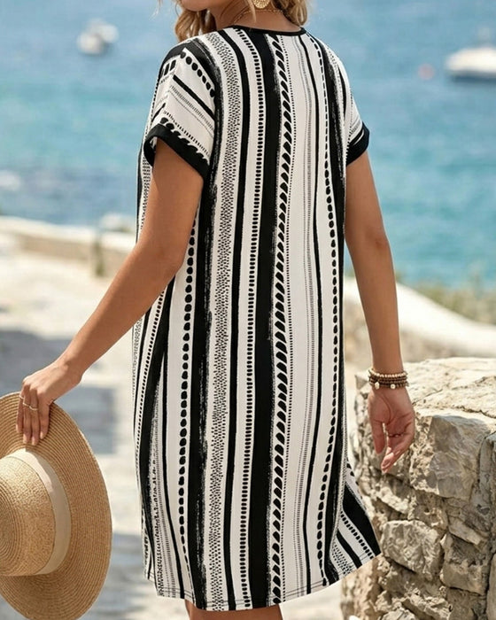 Polka Dot Stripe Button Dress