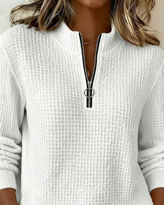 Stand-Collar Zip Long-Sleeve Waffle Sweatshirt